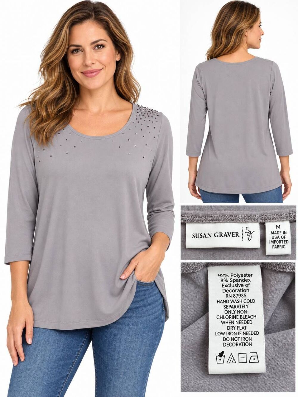 Susan Graver Size M Gray Rhinestone 3/4 Sleeve Tunic